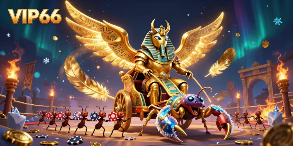 Experience VIP66 with a thrilling 3D scene of a golden scarab beetle in a casino setting.