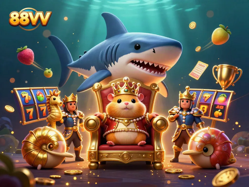Experience high-stakes gaming at 88VV with a dynamic illustration featuring slot elements and a golden hamster king.