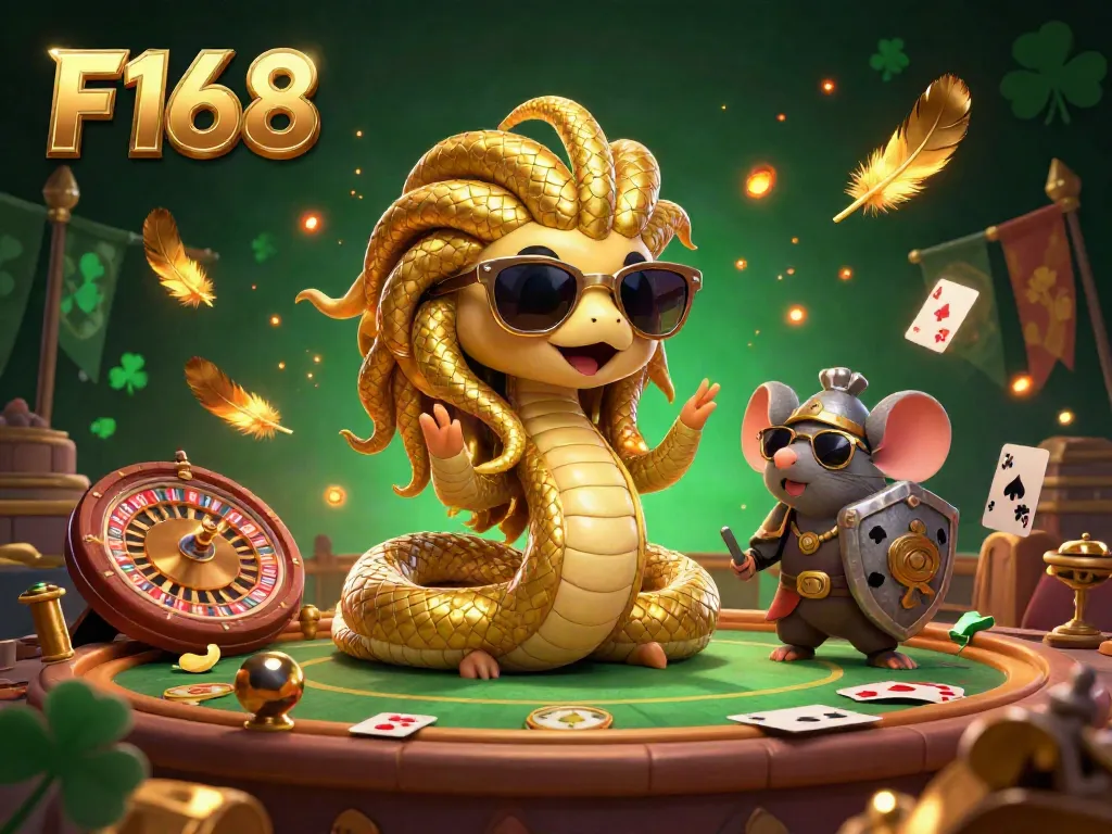 Experience the thrill of F168 with a dynamic scene featuring Medusa, a warrior mouse, and exciting gambling elements.