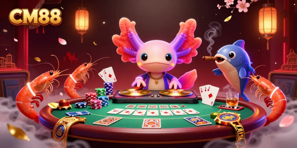 Experience thrilling game action at CM88 with a vibrant casino scene featuring an axolotl DJ and poker elements.